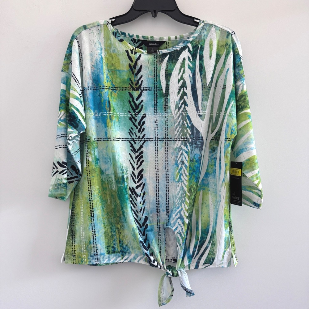 Ali Miles Blouse Abstract Print Women Medium Green Tie Front Eyelet Top